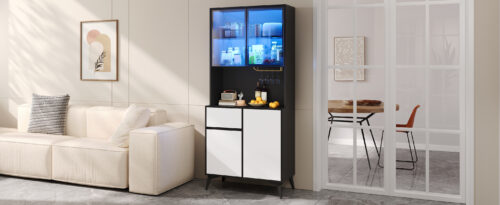 Tall cabinet, display cabinet, sideboard, credenza, dining room cabinet, living room cabinet, black- - Image 31