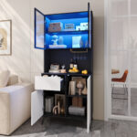 Tall cabinet, display cabinet, sideboard, credenza, dining room cabinet, living room cabinet, black- - Image 12