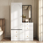 Multifunctional Makeup and Wardrobe Combination with Pull-out Stool, Full-length Mirror, Divided Mak - Image 2