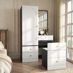 Multifunctional Makeup and Wardrobe Combination with Pull-out Stool, Full-length Mirror, Divided Mak - Image 3