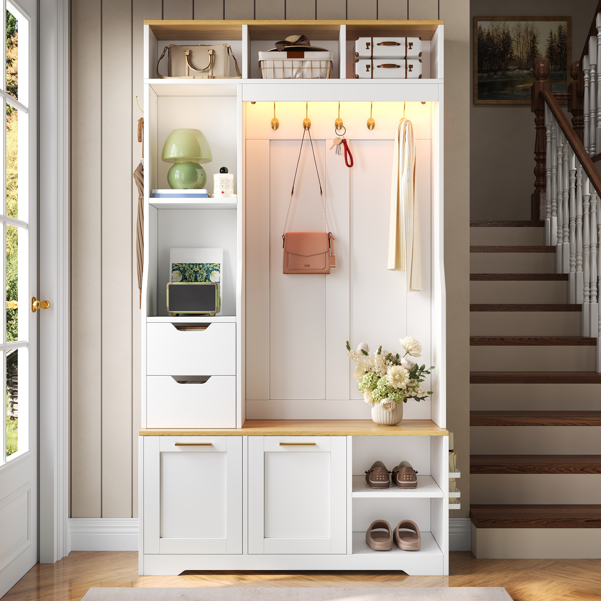 13 Hallway Cabinet Wardrobe Cabinet Shoe Cabinet Clothes Hooks Metal Hooks Metal Handles Flip-up Shoe C - Image 1