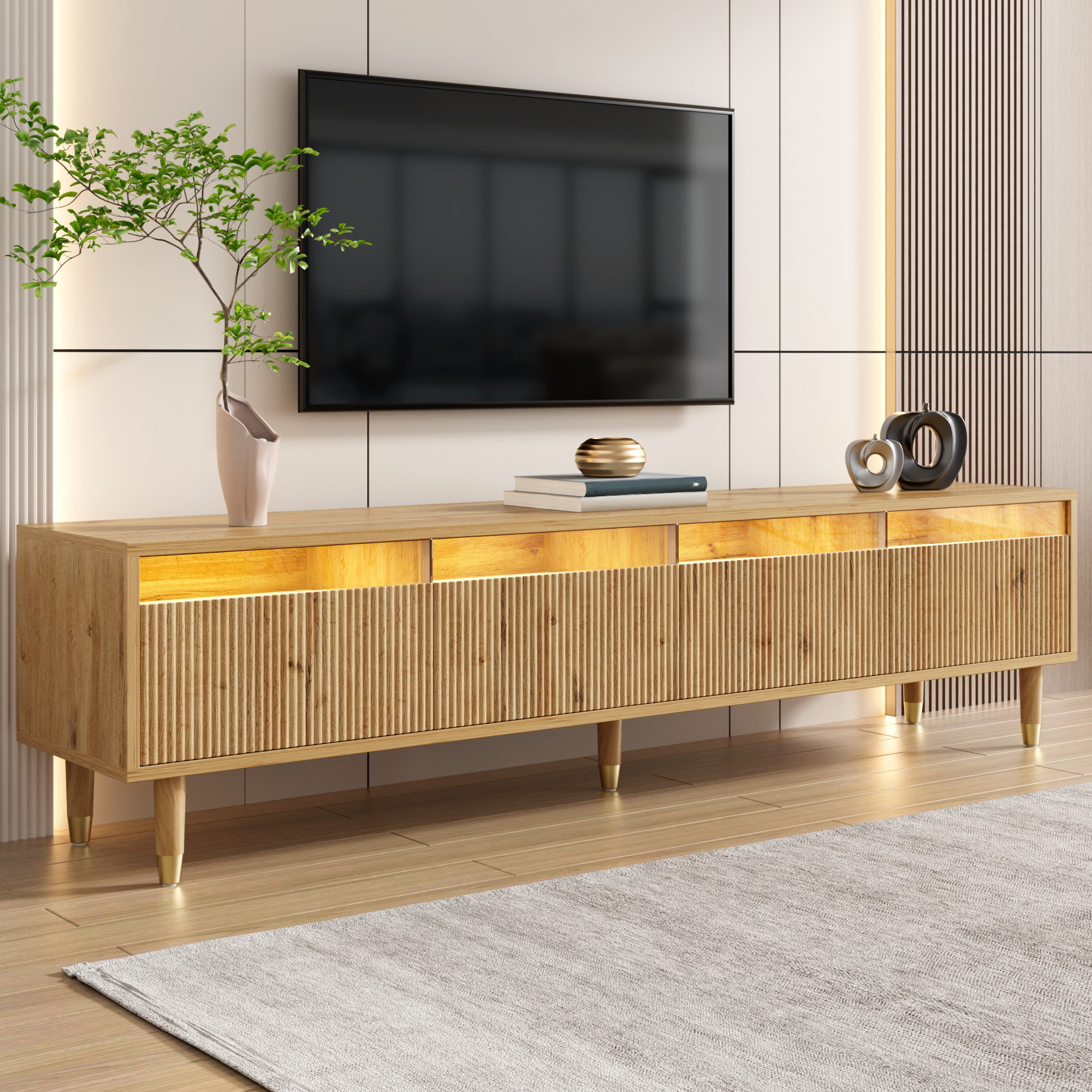 Modern TV Cabinet in Wood Look 178 cm – Minimalist Design, Large Storage, 4 Drawers, MDF & Acrylic,