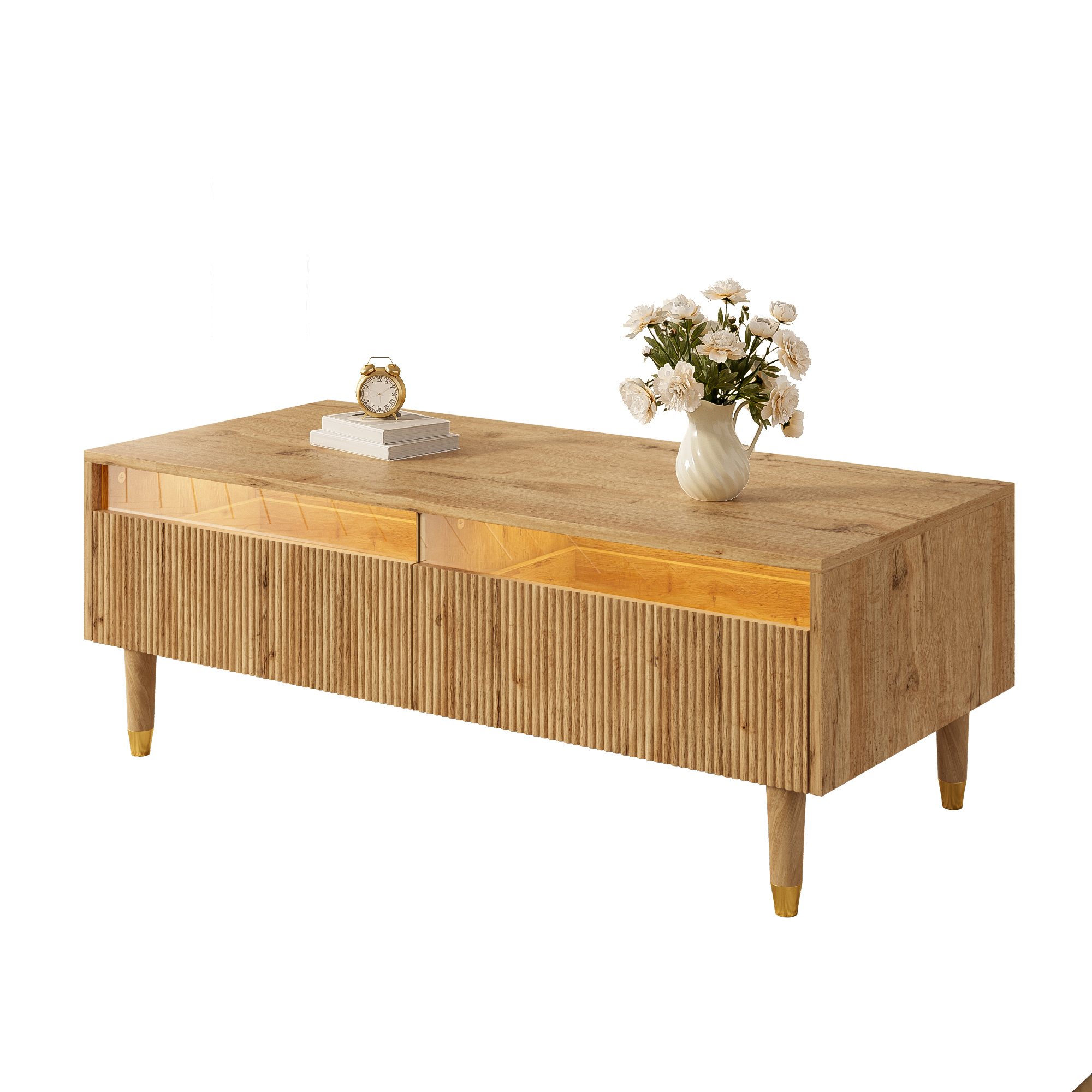 This modern LED coffee table features a wavy drawer front, gold and wood-colored legs, two drawers,
