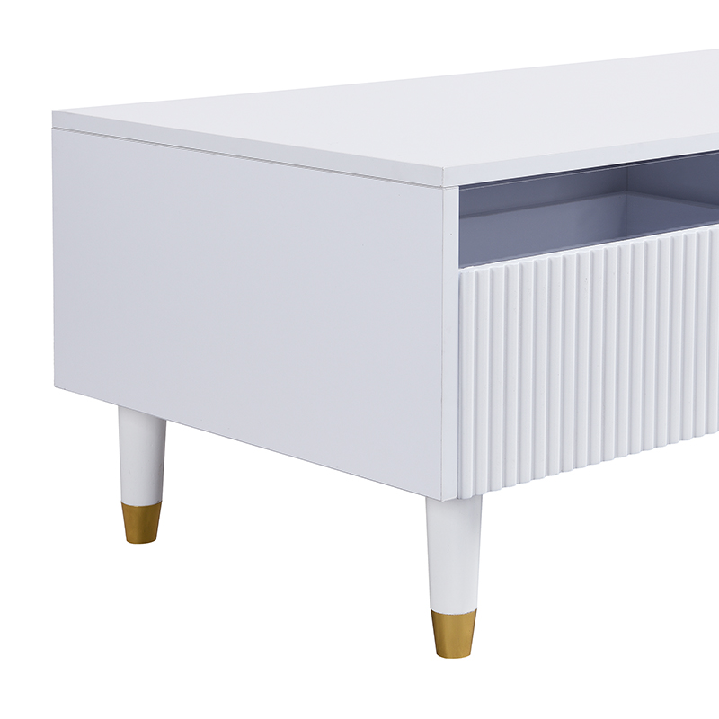 This modern LED coffee table features a wavy drawer front, gold-white legs, two drawers, and a color