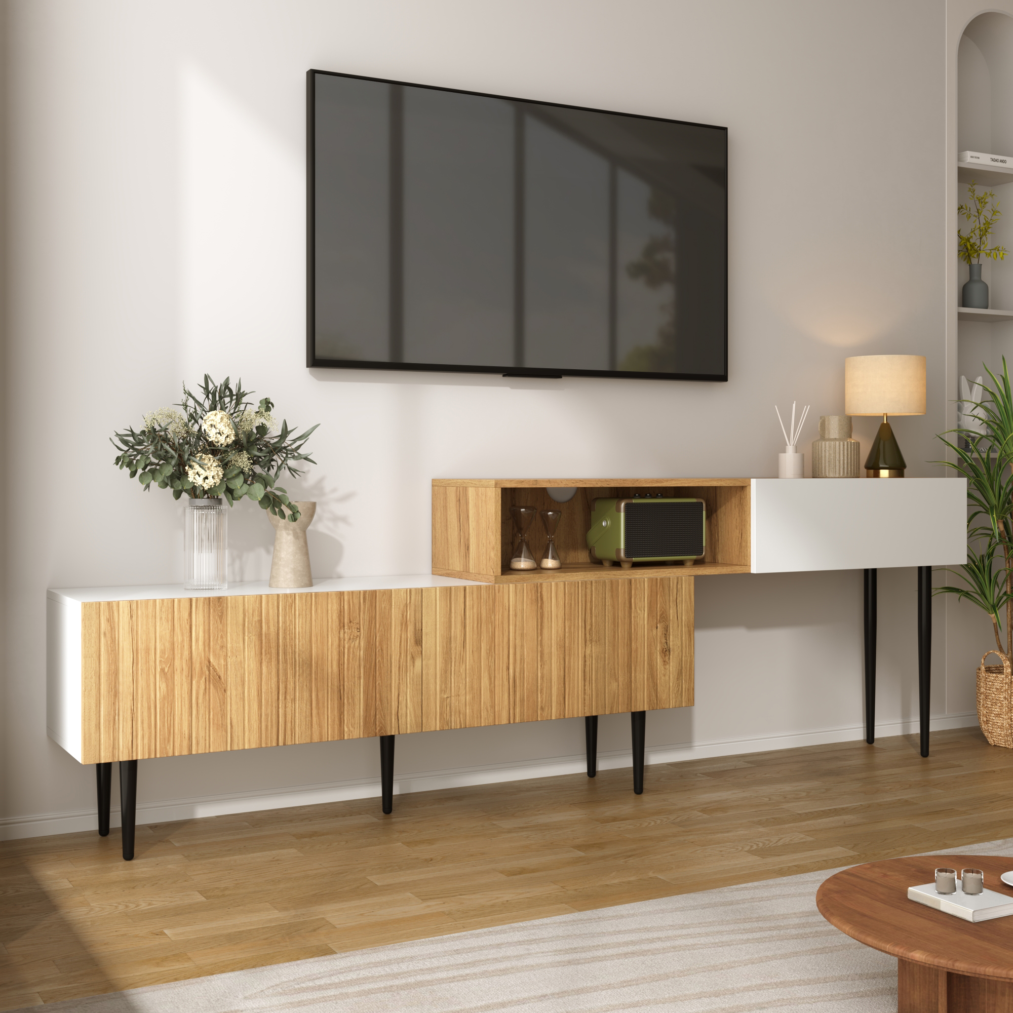 Modern TV cabinet with adjustable length, modular 2-piece design, wood look + matte white, black met