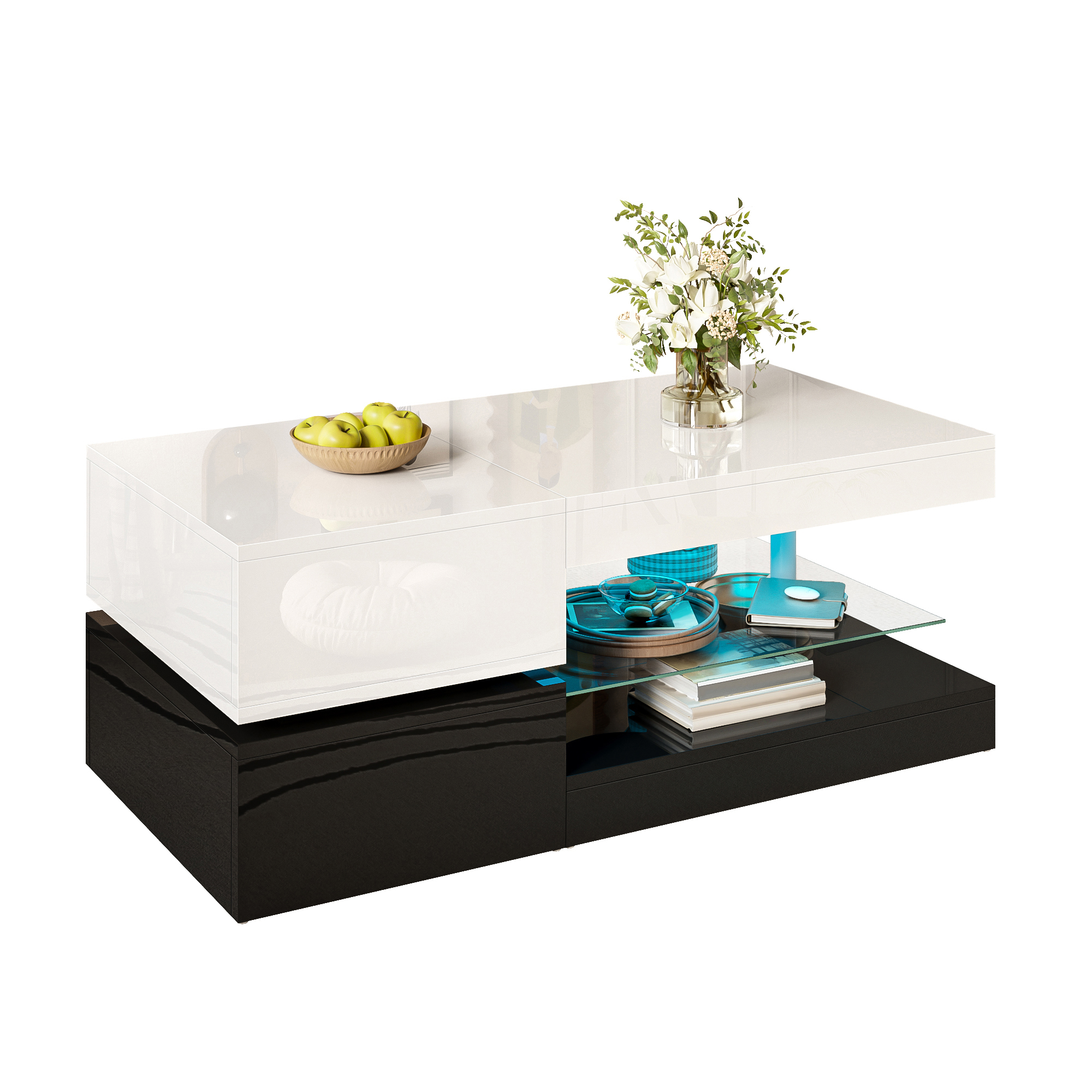 Modern coffee table with LED ambient lighting, app & Bluetooth control, glass shelf & high-gloss sur