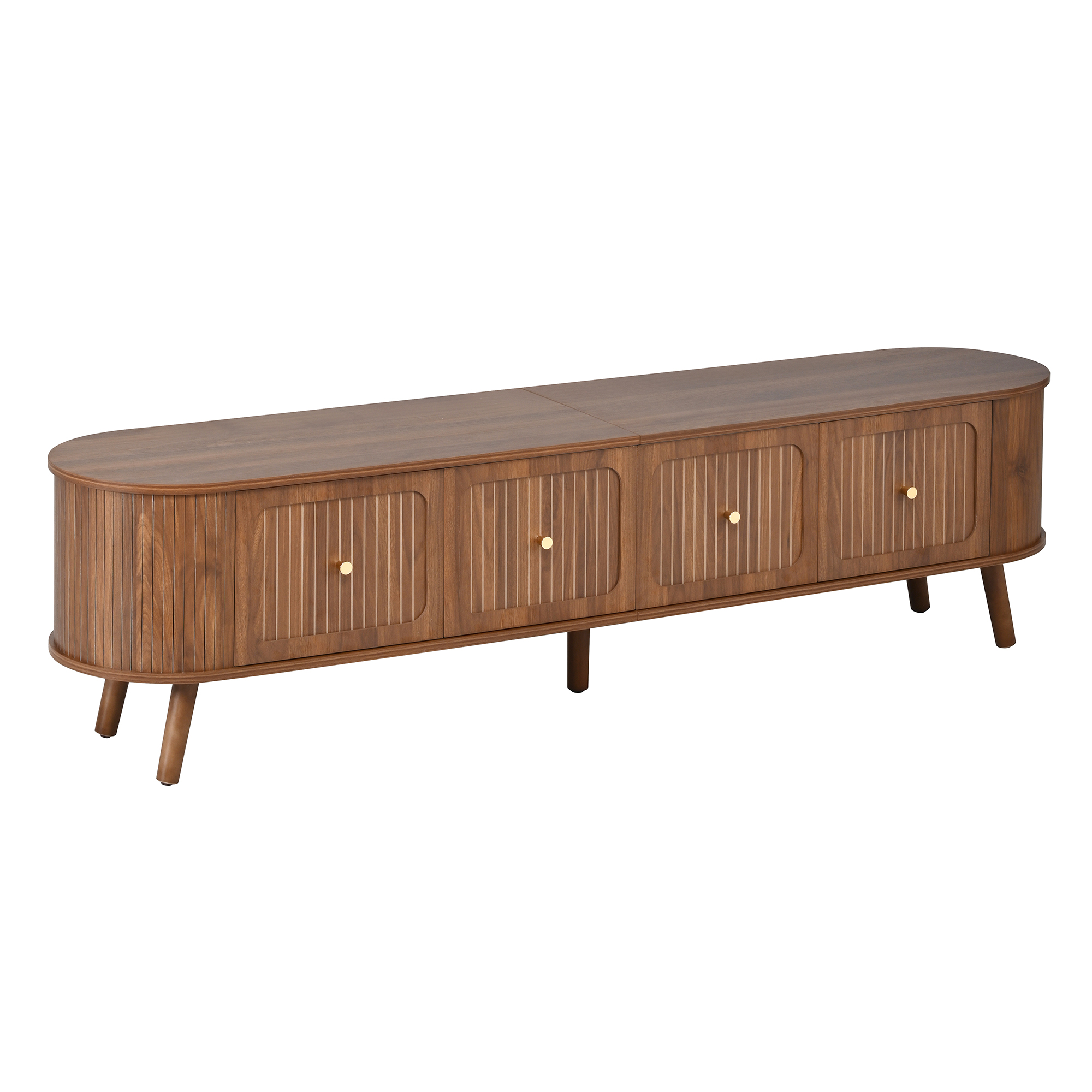 Modern TV cabinet, TV stand, TV panel, low TV stand. Four cabinet doors, gold handles, wooden legs,