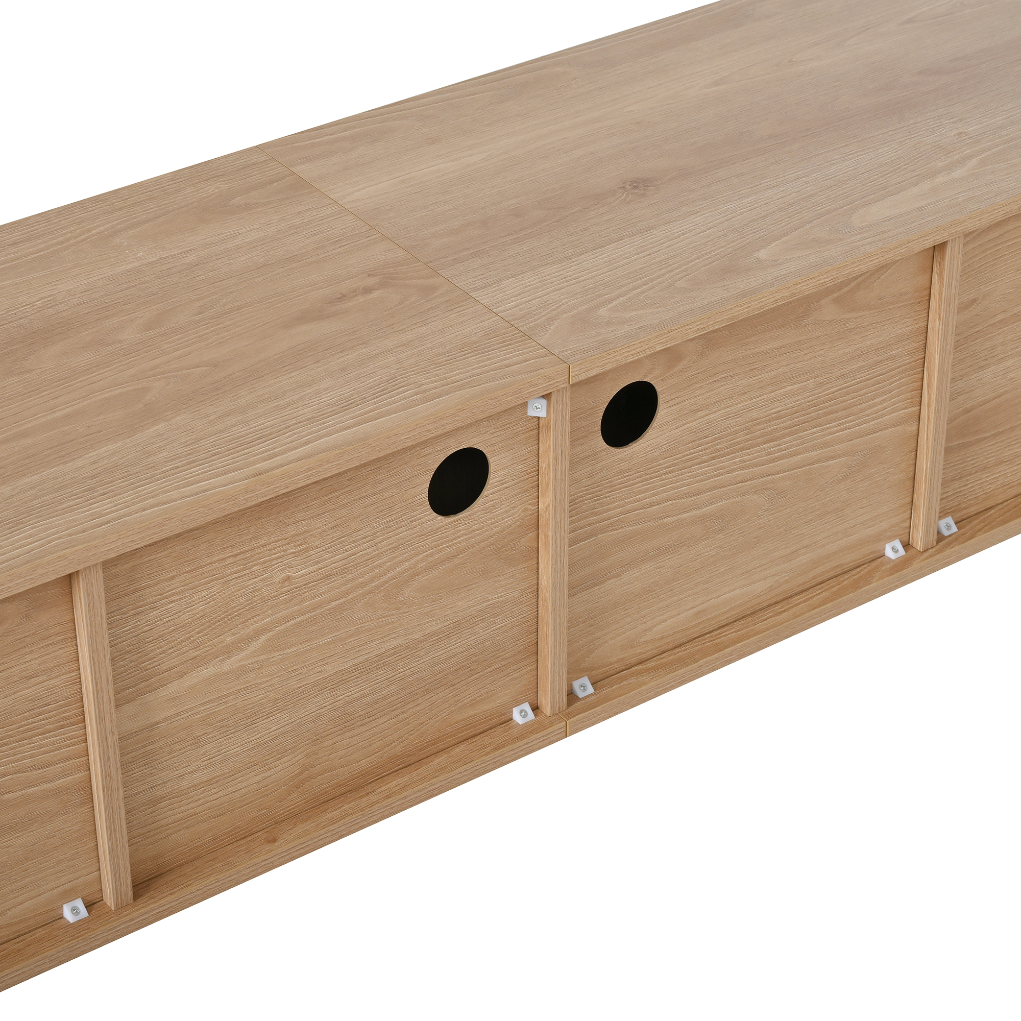 Modern TV cabinet, TV stand, TV panel, low TV stand. Four cabinet doors, gold handles, wooden legs,