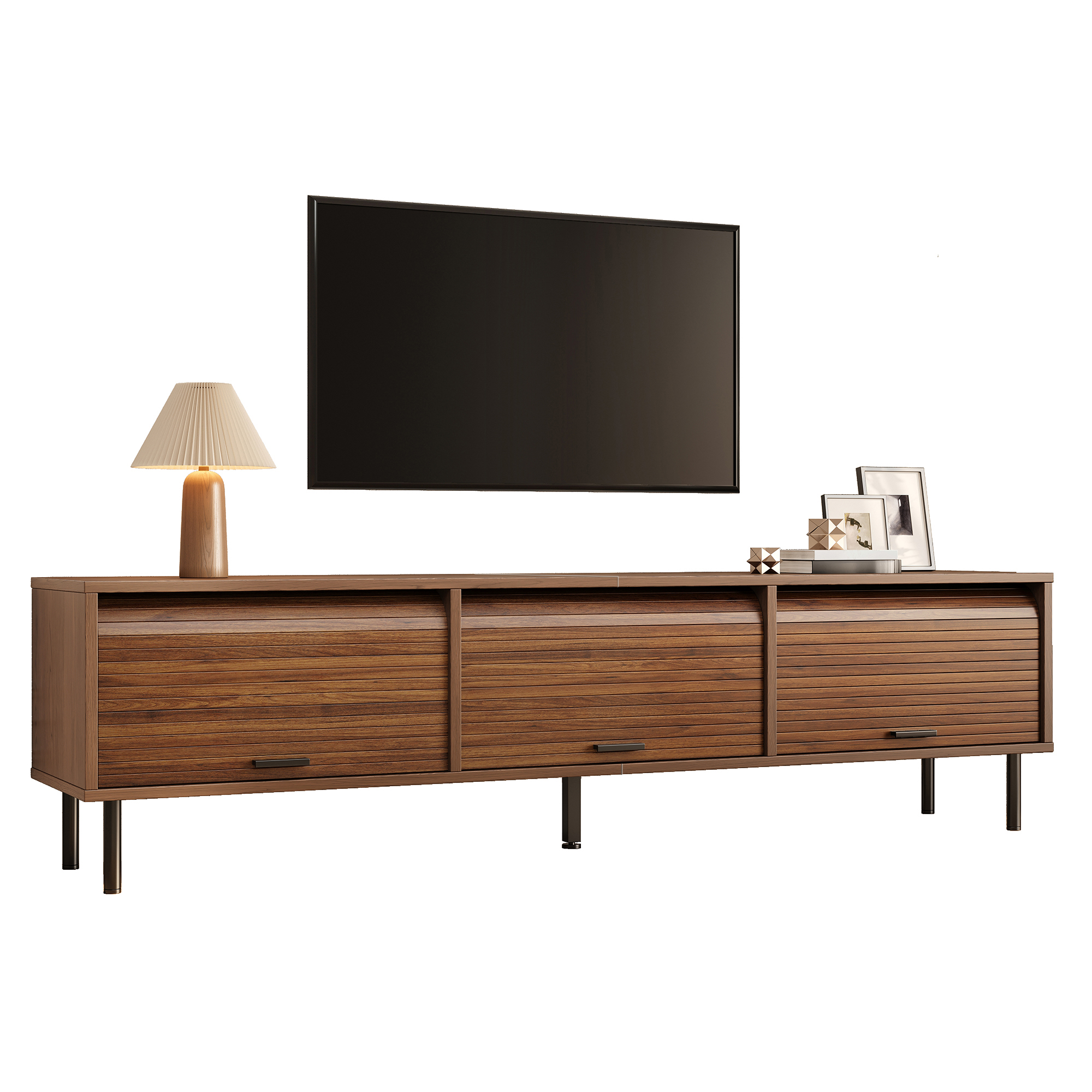 TV cabinet, low TV board with 3 upward-sliding doors, vertical embossed pattern, black handles, blac