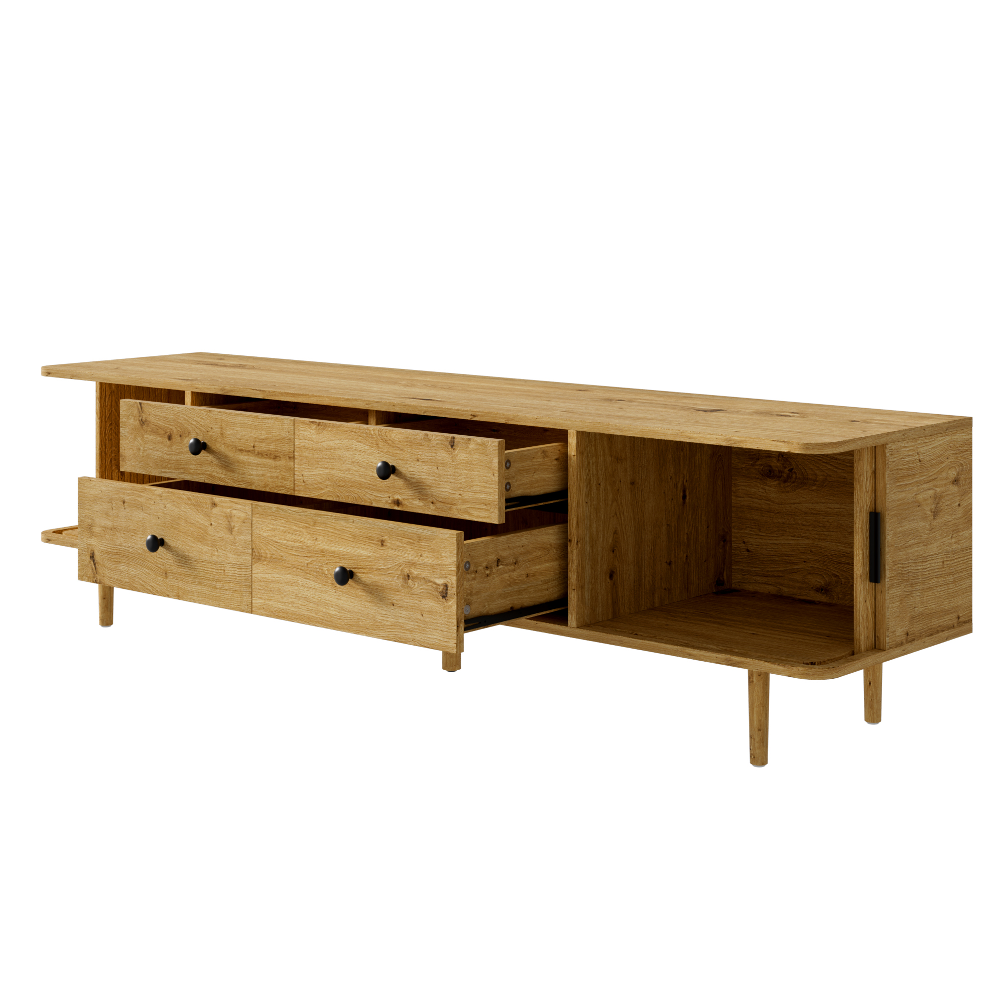 TV lowboard 165 cm, MDF TV cabinet with 4 drawers and 2 sliding doors, large storage space, rounded
