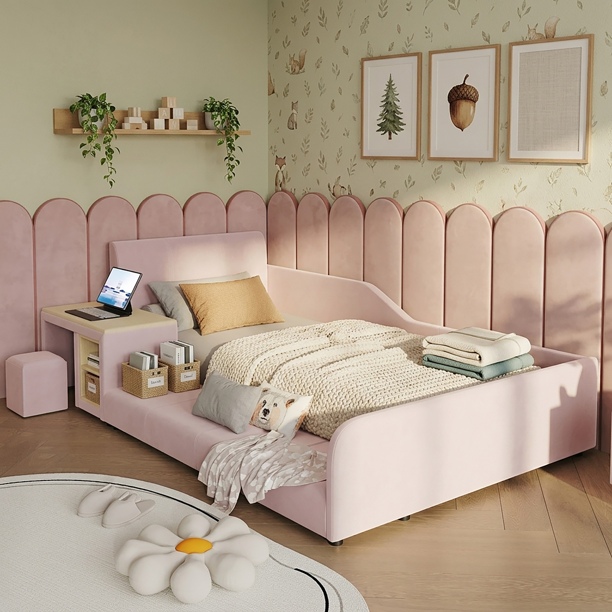 Upholstered Bed, Single Bed with Children's Desk and Stool, With Storage Shelf, Soft Headboard, Kids