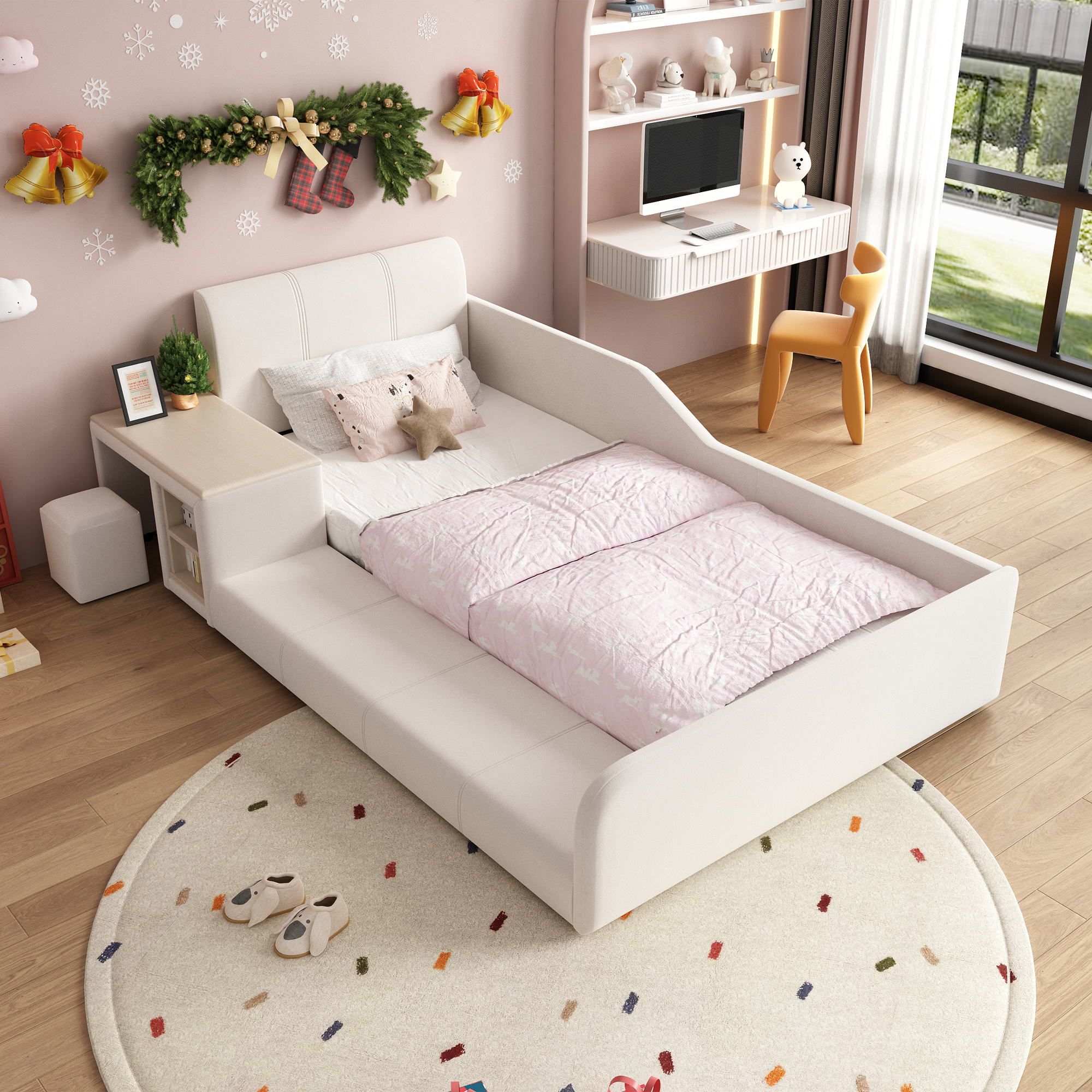 Upholstered bed, single bed with children's desk and stool, with storage shelf, soft headboard, chil