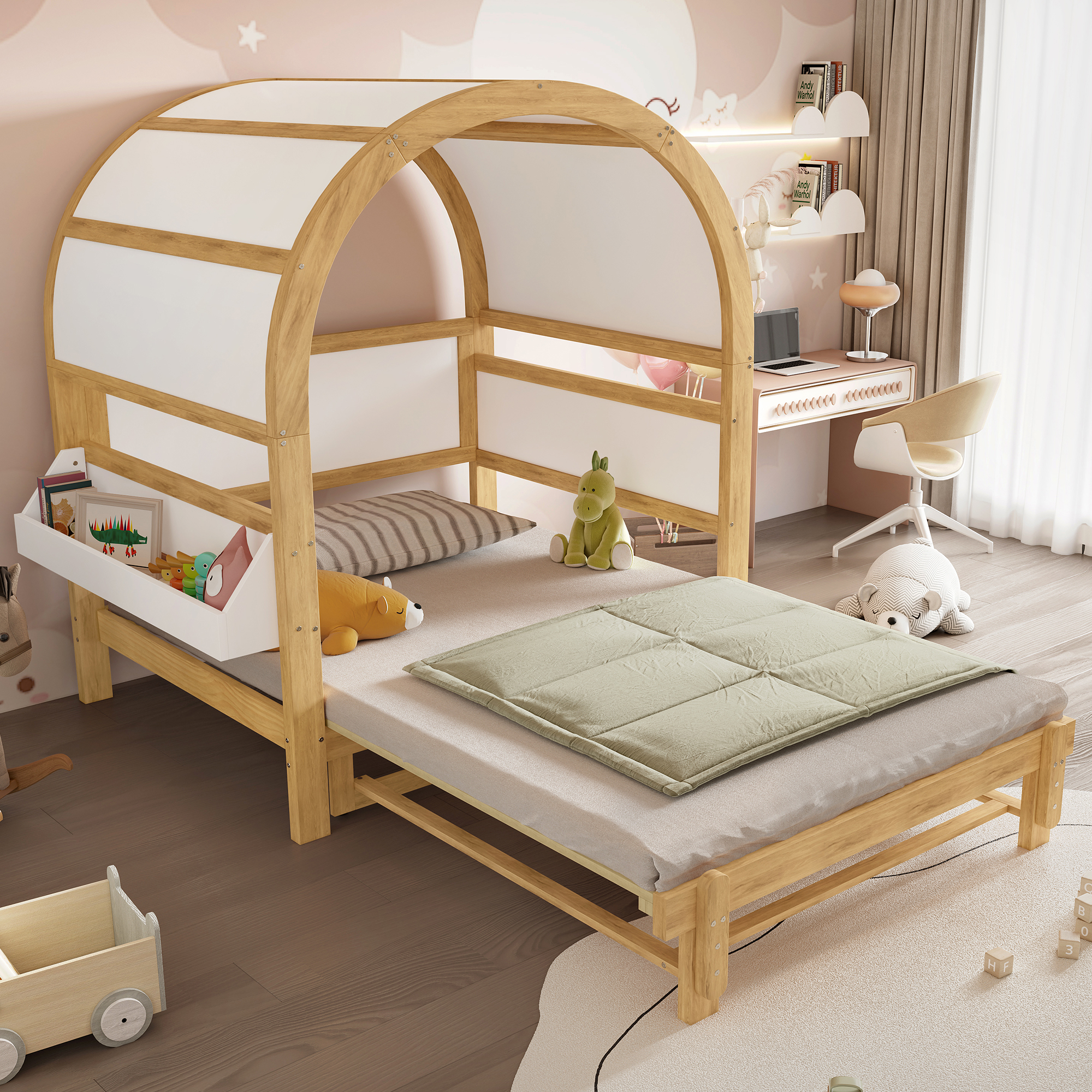 Extendable Arched Loft Bed, Sliding Bed, Kids Bed, Day Bed, Small Side Shelf, Pine+MDF, White+Natura