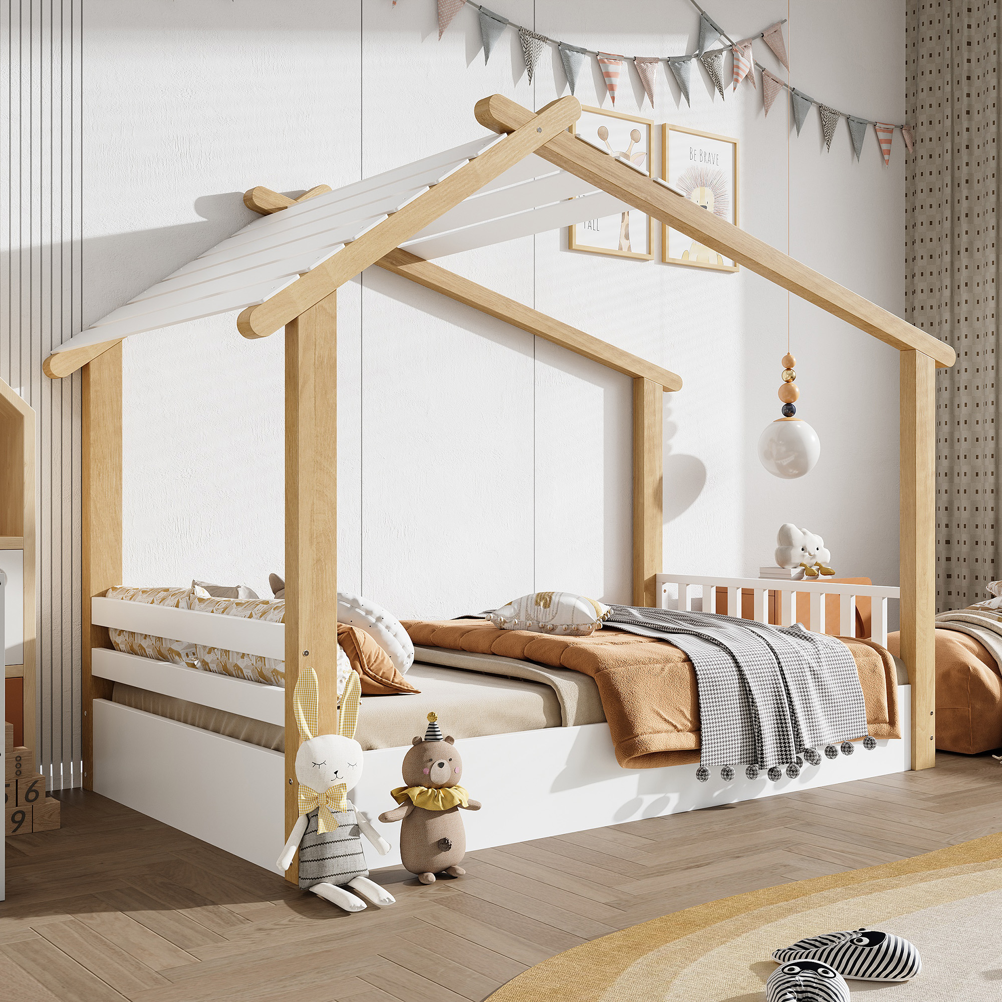 Wooden beds, children's bed, single bed, exquisite wooden house design, stable slatted frames, simpl