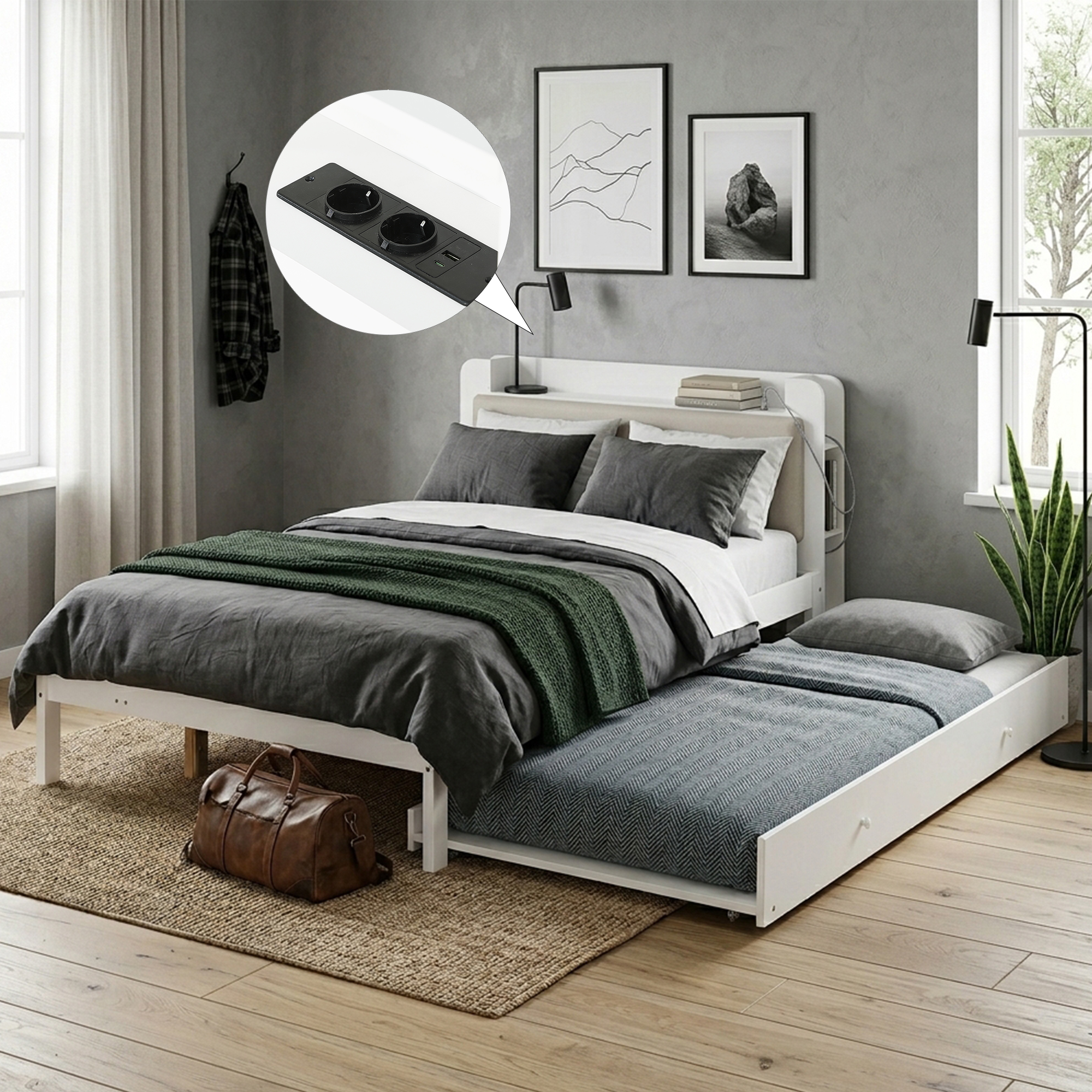 Multifunctional bed 120x200 cm white with pull-out bed 90x190 cm, wooden bed with upholstered headbo