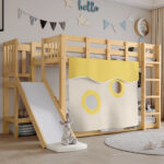 Bunk bed, wooden bed with stairs and guardrails, with bed canopy, slide, children's bed with fall pr