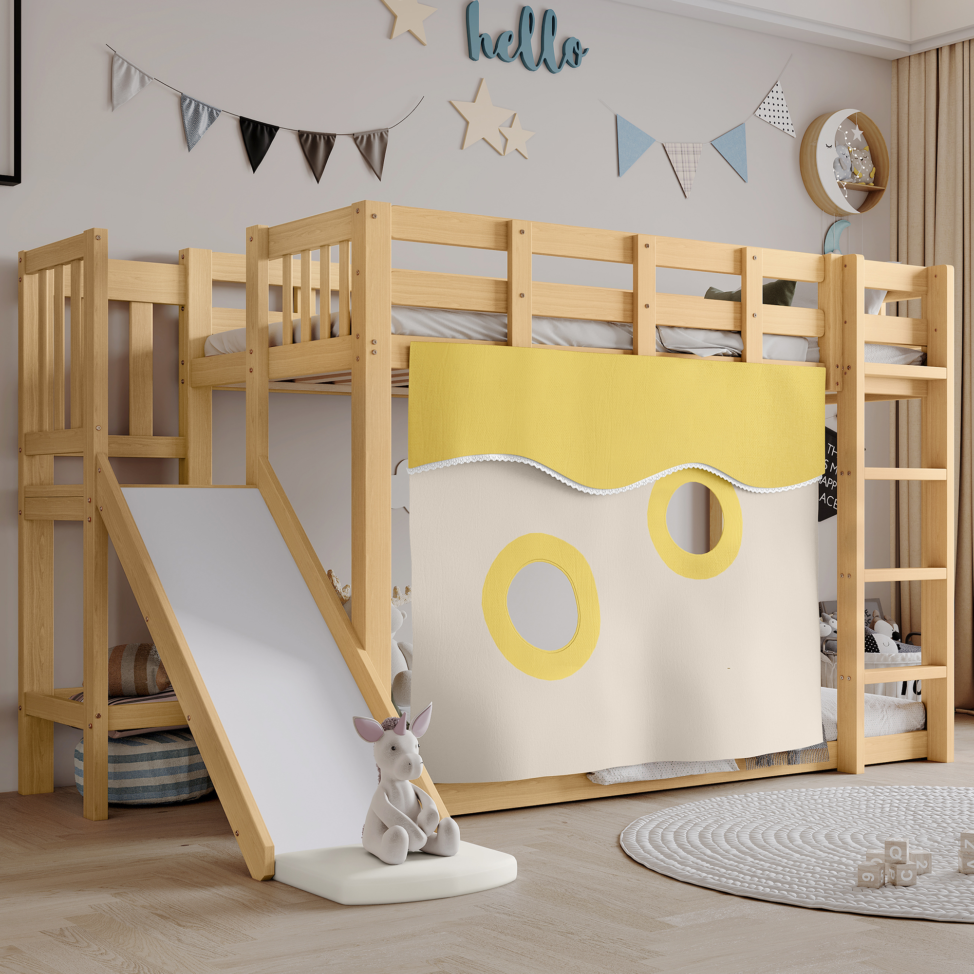 01 Bunk bed, wooden bed with stairs and guardrails, with bed canopy, slide, children's bed with fall pr - Image 1