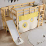 Bunk bed, wooden bed with stairs and guardrails, with bed canopy, slide, children's bed with fall pr - Image 2