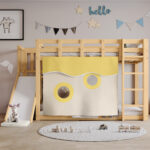 Bunk bed, wooden bed with stairs and guardrails, with bed canopy, slide, children's bed with fall pr - Image 3