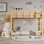 Bunk bed, wooden bed with stairs and guardrails, with bed canopy, slide, children's bed with fall pr - Image 4