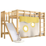 Bunk bed, wooden bed with stairs and guardrails, with bed canopy, slide, children's bed with fall pr - Image 12