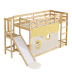 Bunk bed, wooden bed with stairs and guardrails, with bed canopy, slide, children's bed with fall pr - Image 15