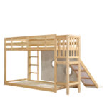 Bunk bed, wooden bed with stairs and guardrails, with bed canopy, slide, children's bed with fall pr - Image 17