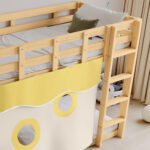 Bunk bed, wooden bed with stairs and guardrails, with bed canopy, slide, children's bed with fall pr - Image 19