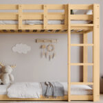 Bunk bed, wooden bed with stairs and guardrails, with bed canopy, slide, children's bed with fall pr - Image 20