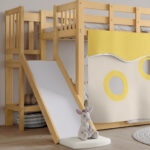 Bunk bed, wooden bed with stairs and guardrails, with bed canopy, slide, children's bed with fall pr - Image 21