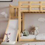 Bunk bed, wooden bed with stairs and guardrails, with bed canopy, slide, children's bed with fall pr - Image 23