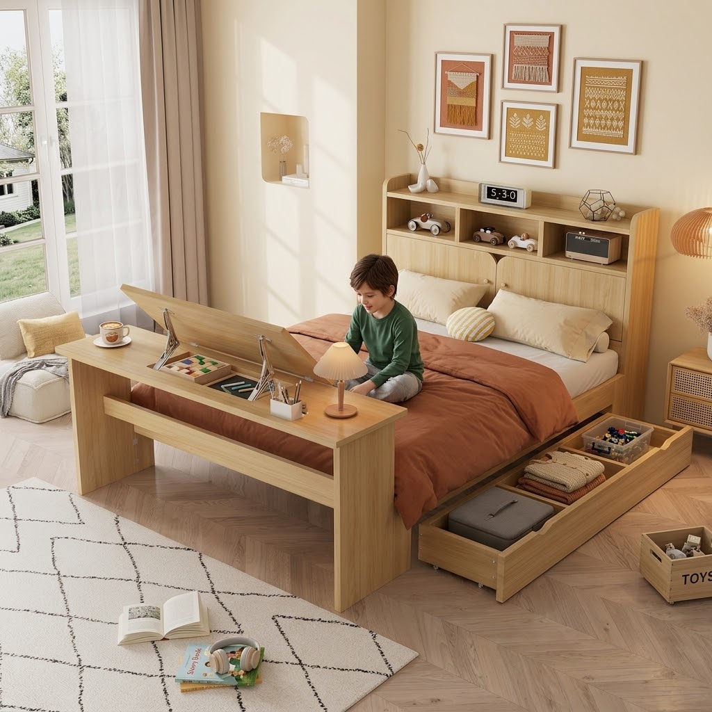 Kids' single bed, youth bed with storage, bed frame with headboard shelf, pull-out drawer and adjust