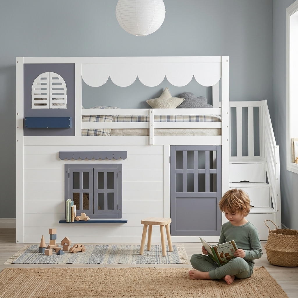 Kids loft bed 90x200 cm in white with house design, storage stairs, openable door and windows, wavy
