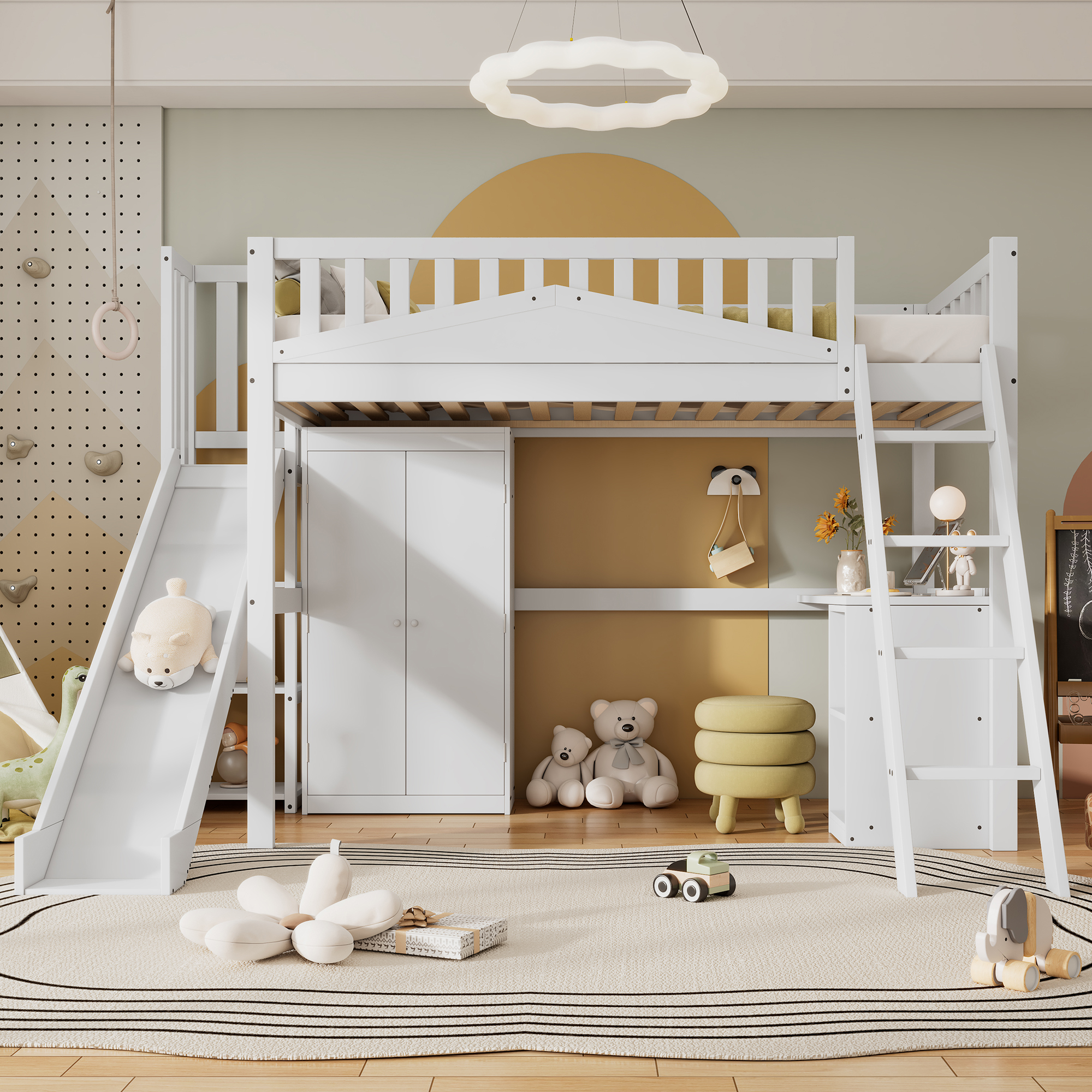 Bunk Bed, Children's Bed, with Safety Guardrail, with Table and Wardrobe, Ample Storage, with Four-S