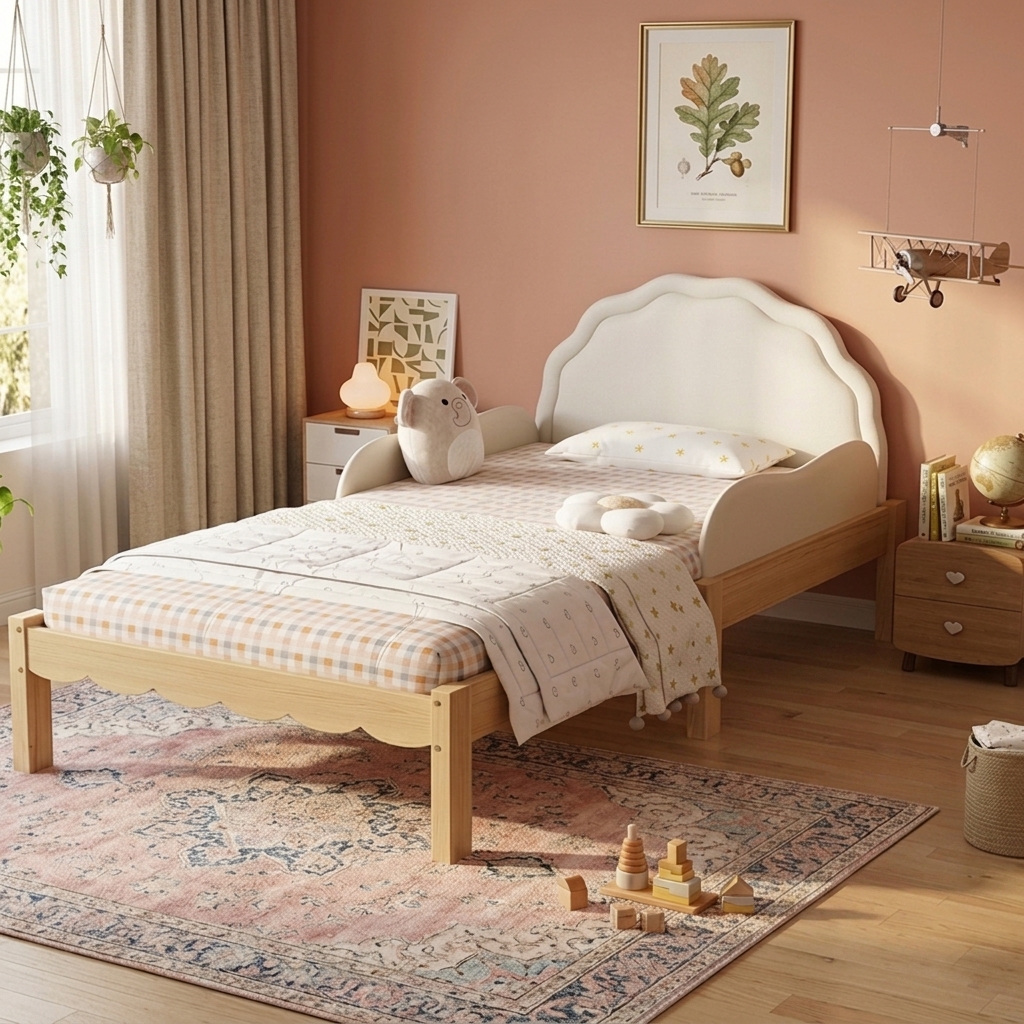 Kids Upholstered Single Bed, PU Headboard, Side Rails, Stable Slatted Base, Wooden Frame, Child-Frie