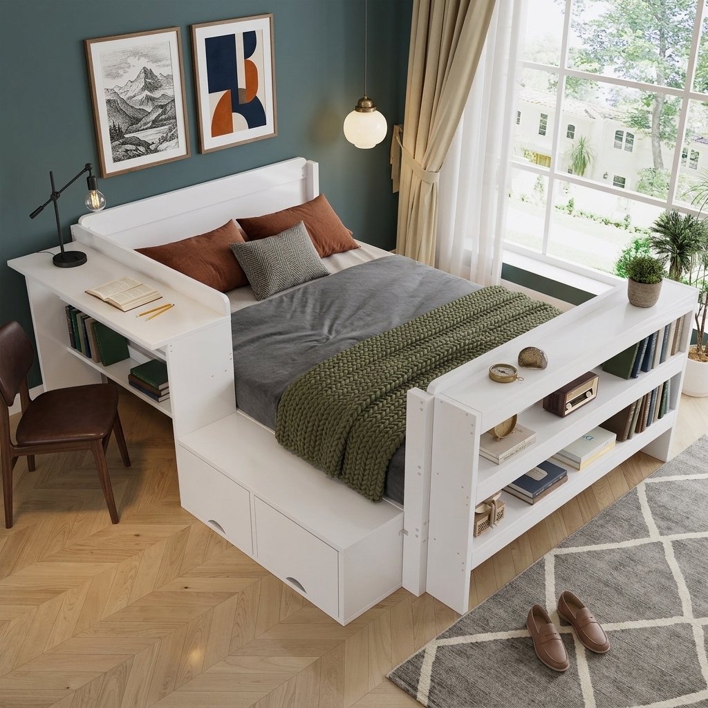 Wooden bed 120x200 cm with desk and storage, functional bed in white with flap compartment, open foo
