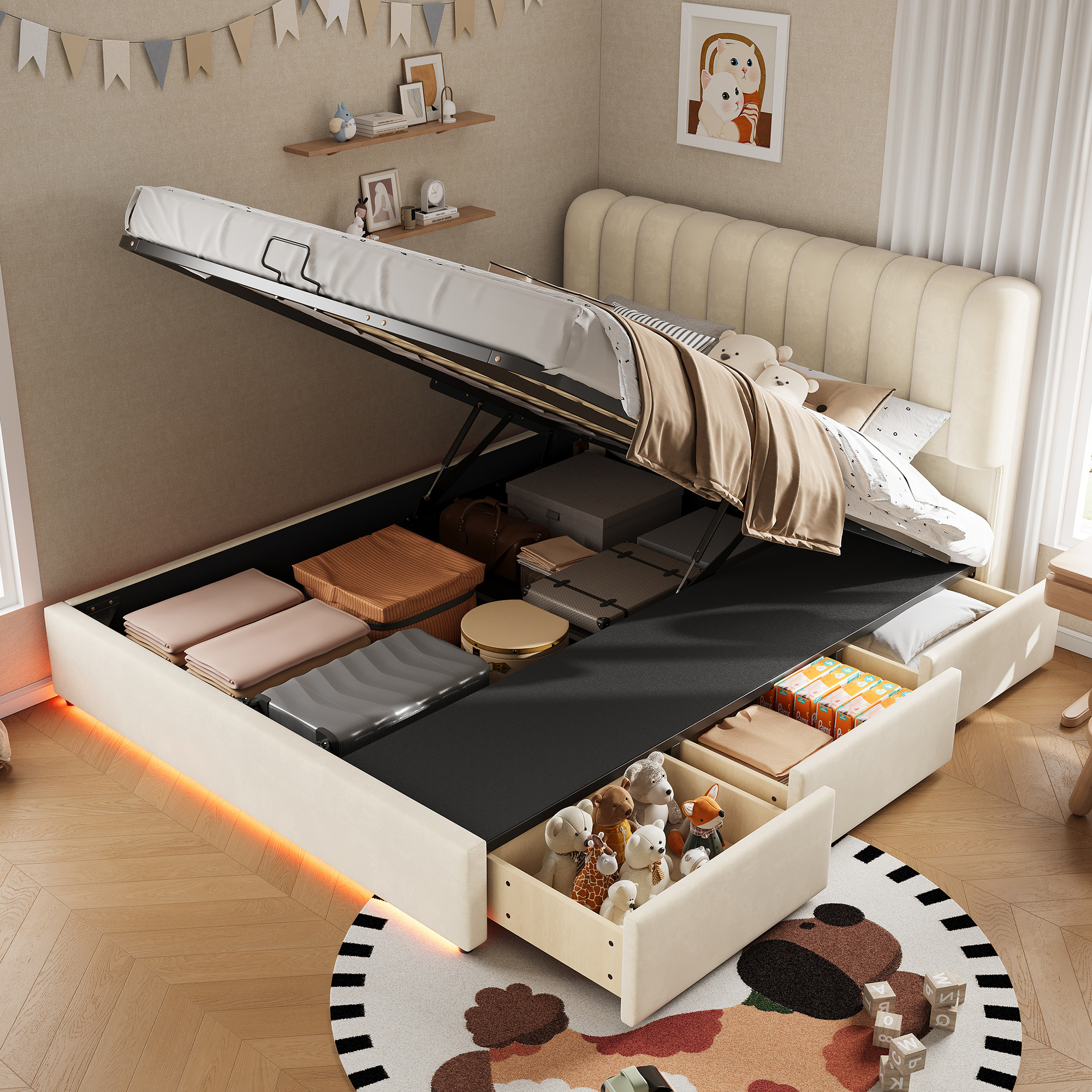 Kids Storage Bed with Hydraulic Gas Spring, Bed Box with Large Storage Space, 3 Drawers, LED Light S