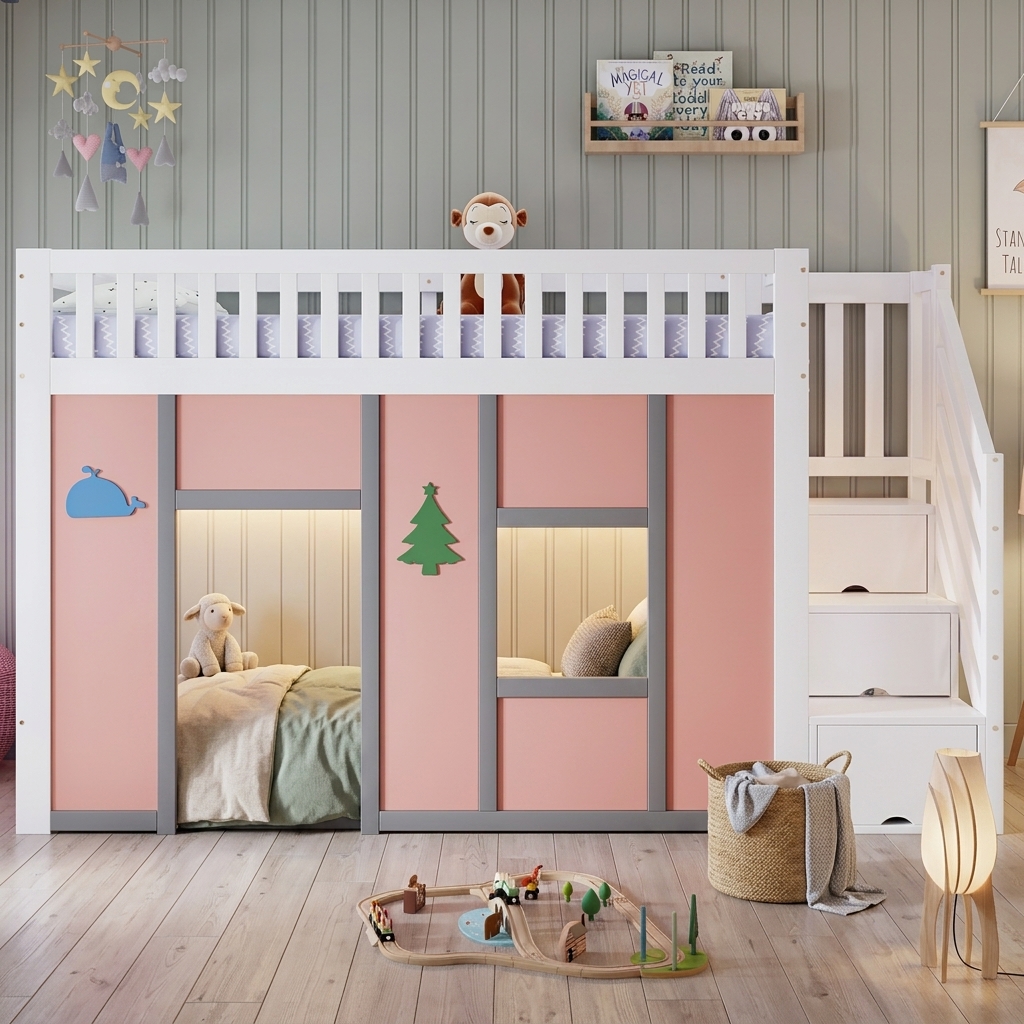 Kids' loft bed 90x200 cm in white and pink, half-high bed with storage stairs, LED lighting, play ar
