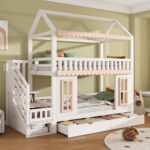 Bunk bed, children's bed, house shape, side storage cabinet with ladder, 2 drawers, decorative woode - Image 6