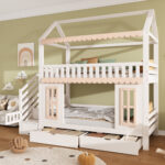 Bunk bed, children's bed, house shape, side storage cabinet with ladder, 2 drawers, decorative woode - Image 7