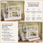 Bunk bed, children's bed, house shape, side storage cabinet with ladder, 2 drawers, decorative woode - Image 10