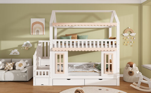 Bunk bed, children's bed, house shape, side storage cabinet with ladder, 2 drawers, decorative woode - Image 12