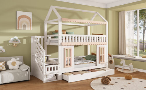 Bunk bed, children's bed, house shape, side storage cabinet with ladder, 2 drawers, decorative woode - Image 13
