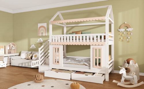Bunk bed, children's bed, house shape, side storage cabinet with ladder, 2 drawers, decorative woode - Image 14