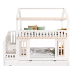 Bunk bed, children's bed, house shape, side storage cabinet with ladder, 2 drawers, decorative woode - Image 15
