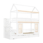 Bunk bed, children's bed, house shape, side storage cabinet with ladder, 2 drawers, decorative woode - Image 18