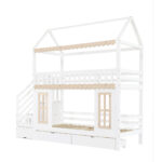 Bunk bed, children's bed, house shape, side storage cabinet with ladder, 2 drawers, decorative woode - Image 20