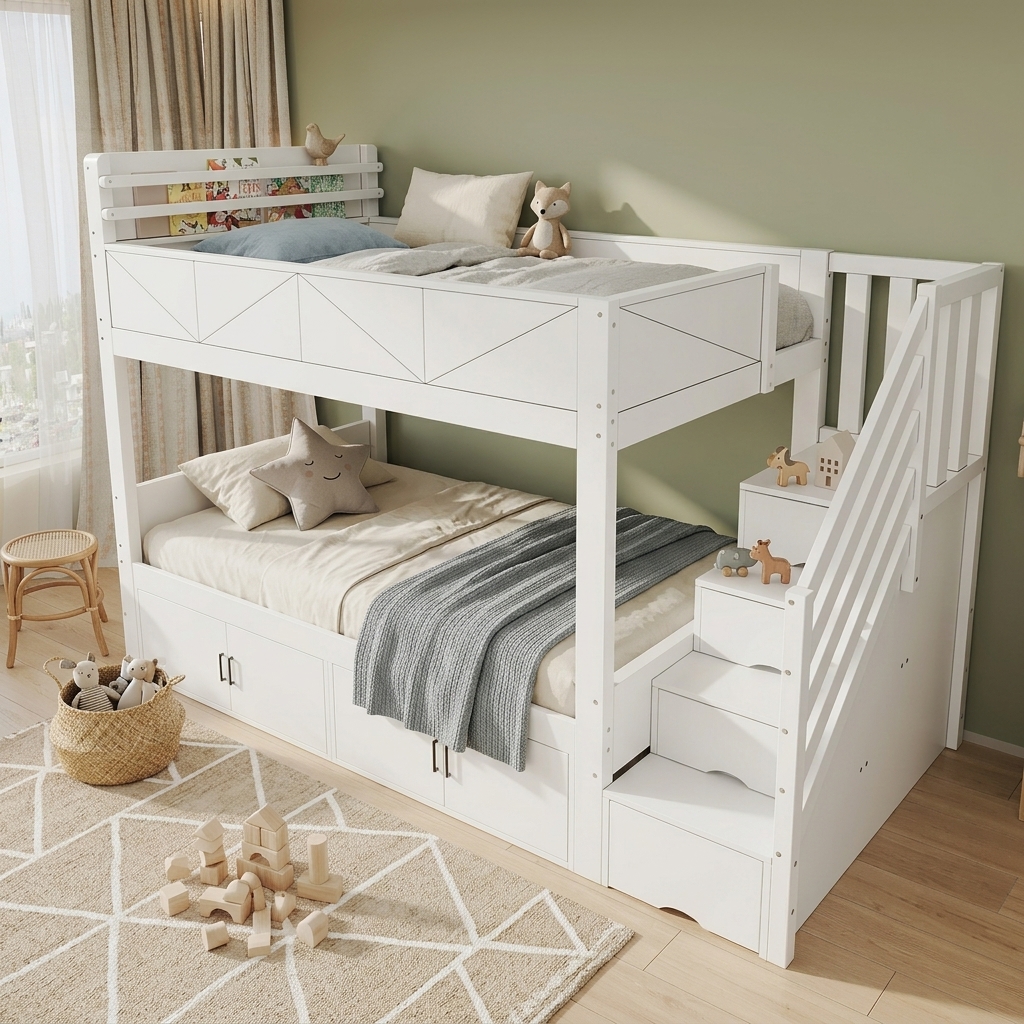 White Bunk Bed 90x200 cm with Storage Stairs, Wardrobe Compartments under the Lower Bed, Raised Fall