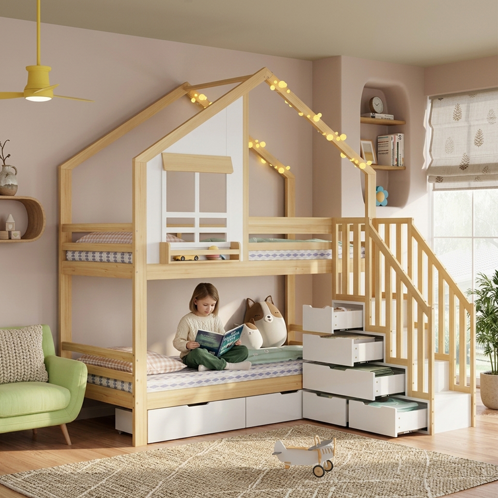 Bunk Bed, Kids' Bed, Two Drawers with Wheels, Exquisite Windows, Safety Ladder with Handrails, Pine