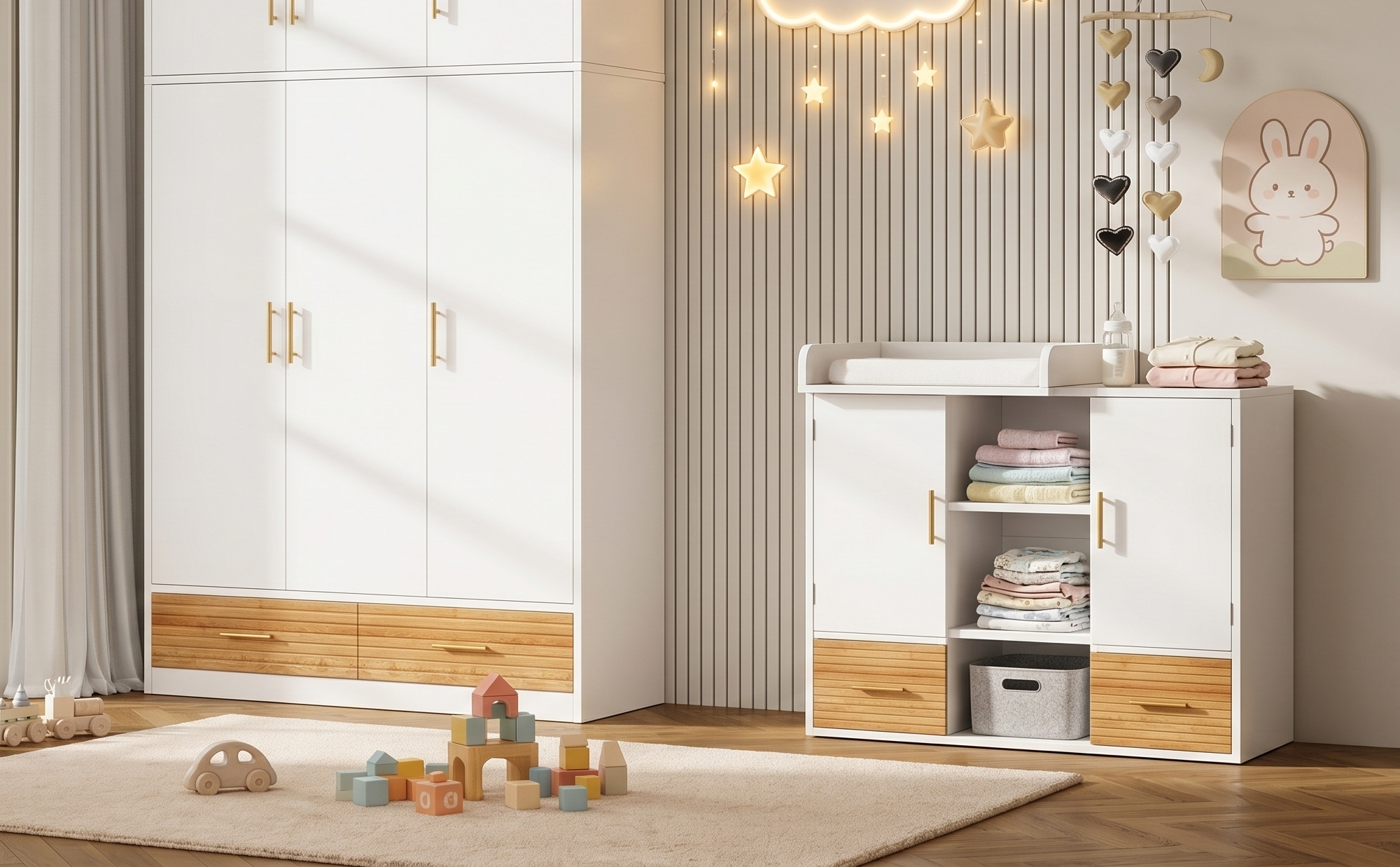 Multifunctional changing dresser, storage cabinet with baby changing rail, removable rail, baby chan